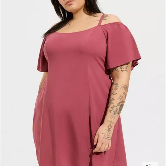 NWT Women's Mini Challis Cold Shoulder Trapeze Off-Shoulder Pink Dress - Picture 3 of 7